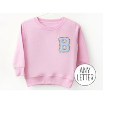 personalized kids embroidered sweatshirt with chenille patch initial, toddler girl gift ideas, custom crewneck for girls