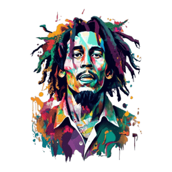Vector t-shirt logo design of Bob Marley palying guitar, cinematic, high detail, 4k, cyberpunk, vibrant, graffiti