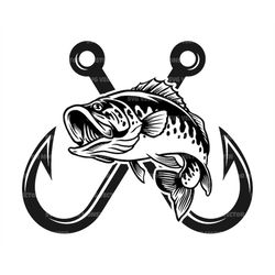 crossed fish hooks svg, bass fishing svg, fishing hook svg, fisherman, bass fish. vector cut file cricut, silhouette, pd