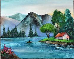Mountain landscape, at the foot of the mountains. Oil painting for a cozy interior. Oil Painting
