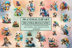 3D Animal Clipart 1, 100 3D Funny Animals Illustration, High Quality Animal Clipart PNG, 100 Digital Animal Clipart  Png
