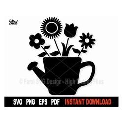 Watering can SVG With Spring Flowers Svg File For Cricut, Silhouette, Tulips SVG, Sunflower Svg, Vector clipart- Instant