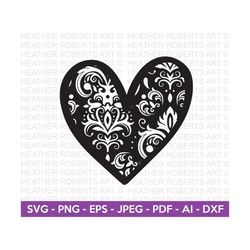 Floral Pattern Heart Svg, Heart SVG, Hand-drawn Heart svg, Valentine Heart svg, Heart Shape, Patterned Heart,Cut Files C