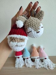Christmas ornament. Mantelpiece decoration. Christmas tree decoration. Set of 6 - Santa, Deer Rudolph, Gnomes