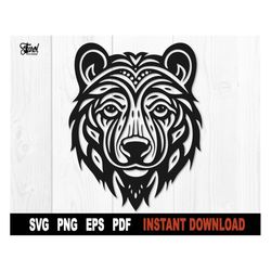 BEAR HEAD SVG, Bear Svg Cut File For Cricut, Silhouette, Bear Face Clipart Vector, Tribal Bear Png- Digital Download