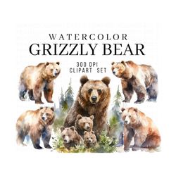 Grizzly Bear Watercolor Clipart, Grizzly Bear Cute Clip Art, Card Making Clipart, Bear Clipart ,Watercolor Illustration,