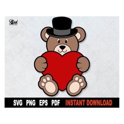 Bear SVG, Valentine SVG, Bear With Heart and Hat Svg, Love SVG, File For Cricut, Silhouette Png Clipart Cut File,  Insta