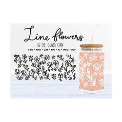 Line Flowers SVG, 16oz Glass Can, Instant Download, Digital Downloads, Cut Files for Cricut, Silhouette