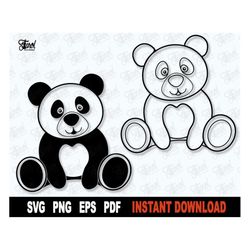 panda svg, bear outline svg, panda bear svg file for cricut, silhouette, bear clipart cute cut file vector, png- instant