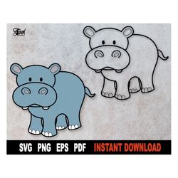 Hippo SVG, Hippopotamus Cut File, Layered files and Outline SVG File For Cricut, Silhouette, Cute Animal Clipart-  Insta