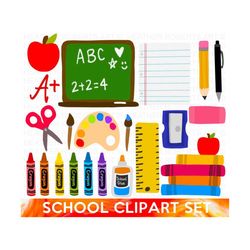 School Clipart Set, School Supplies Clipart Set, PNG Files, Crayons, Pencils, Cute School Supplies Clipart, Back to Scho
