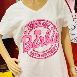 Come On Barbie Lets Go Party T-Shirt w/Ponytail Logo - Graphic Can Be Scaled To Suit YOU! Unisex Crew, Ladies V Neck Ava