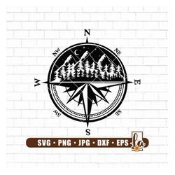 Compass Svg | Compass and mountains svg | Compass and forest svg | Nature Svg | Adventure awaits svg | Cricut & Silhouet