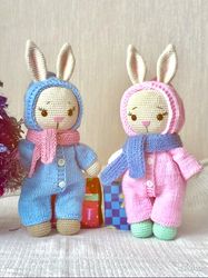 bunny toy in clothes warm jumpsuit with hood and scarf arabbit amigurumi toy gift for baby girl bunny doll for kids diy