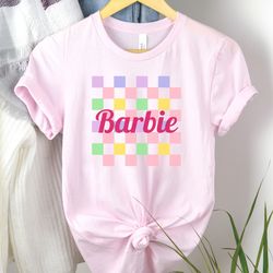 black barbie tshirt, character shirt, soft barbie pink tee, gift for girl, graphic tee, checkered background barbie, bar