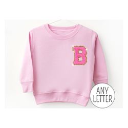 personalized kids embroidered sweatshirt with chenille patch initial, toddler girl gift ideas, custom crewneck for girls