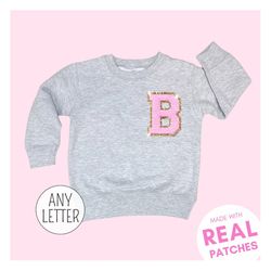 chenille patch sweatshirt, embroidered crewneck toddler girl gift ideas, personalized crewneck pullover for girls light