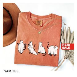 Cat Halloween Shirt, Vintage Halloween Sweatshirt Ghost, Comfort Colors Fall Shirts for Women