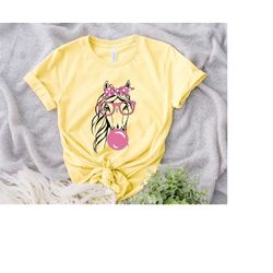 Horse Bubble Shirt, Horse With Pink Glasses and Bandana Shirt, Farm Girl Shirt, Women Tee, Horse Lady Shirt, Horse With