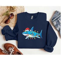 Santa Shark light Christmas Shirt, Santa Hat Shark Christmas Sweatshirt