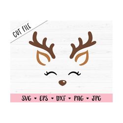 Reindeer face SVG Christmas reindeer cut file Cute Kawaii Santa deer head Xmas Girl shirt Holidays baby bodysuit Silhoue