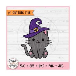Witch Cat layered SVG cut file Cricut Silhouette Halloween Cat Cute Gray Cat with Witch Hat Fall Kids Halloween shirt Si