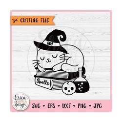 Halloween Cat SVG cut file for Cricut Silhouette Witch Cat sleeping on Books Cute Cat with Witch Hat Fall Kids Halloween