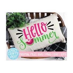 Hello Summer SVG, Home Decor Cut File, Farmhouse Kitchen Saying, Funny Food Quote, Rustic Watermelon Design, dxf eps png