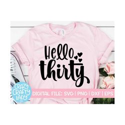 Hello Thirty SVG, 30th Birthday Cut File, Women's Shirt Design, Party Decor Quote, Adult Milestone, Invitation dxf eps p