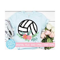Grunge Floral Volleyball SVG, Sports Cut File, Flower, Distressed Girl Design, Kids' Shirt SVG, Coach, Mom, dxf eps png,