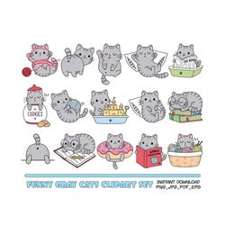 Gray cats Clipart Bundle Funny cute cat clip arts Kawaii kitten Kitty icons Pet illustrations Printable stickers Planner