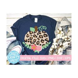 Floral Leopard Print Pumpkin SVG, Girl Fall Cut File, Women's Thanksgiving Design, Halloween, Kids' Shirt dxf eps png, S