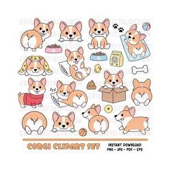 Kawaii corgi clipart set Cute corgi butt Funny dogs digital clipart Planner supplies Vector graphic Puppy Printables Ani