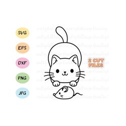 Cute cat outline SVG cut file Kawaii cat mouse cutting file Kitty digital stamp Funny animals vector  EPS DXF Silhouette