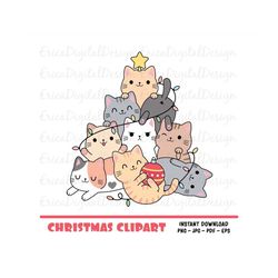 Christmas tree kawaii clipart Cute cat digital clip art Funny cats Christmas printables Vector graphics Holiday illustra