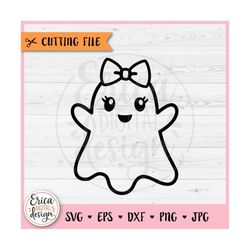 Cute Ghost outline SVG cut file for Cricut Silhouette Ghost Girl with Bow Boo Kawaii Ghost Funny Halloween Girl Clipart