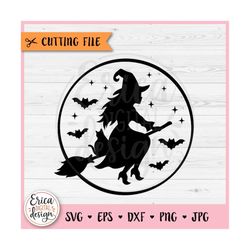 Witch Silhouette SVG cut file Cricut Silhouette Pretty Witch Broom Cat Bats Full Moon Flying Witch Hat Girl Halloween Sh