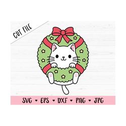 Christmas cat SVG Christmas wreath layered cut file Cute Funny kitty Winter Holidays Kid shirt Baby bodysuit Silhouette