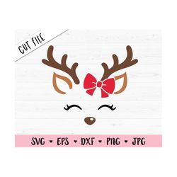 Reindeer face SVG Christmas reindeer with bow cut file Cute Santa deer head Xmas Girl shirt Holidays baby bodysuit Silho