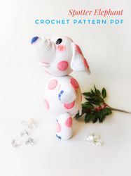 Rare white spotted polka Elephant of island misfit toys- Amigurumi crochet pattern. White elephant with pink polka dots.