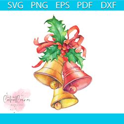 three christmas bells bow holly watercolor png, christmas png, christmas gift png, merry christmas png, christmas day pn