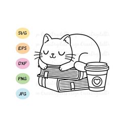 Cat sleeping on books SVG Cute cat book reader cutting file Funny cat cuttable Reading Coffee Book lover Silhouette Cric