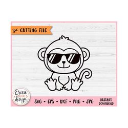 Baby Monkey with Sunglasses Outline SVG cut file for Cricut Silhouette Jungle Safari Zoo Savanna Animal PNG Iron on Viny