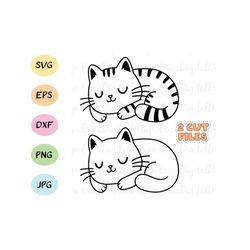 Cute sleeping outline SVG cut file Kawaii cat cutting file Kitty digital stamp Funny animal vector EPS DXF Silhouette Cr