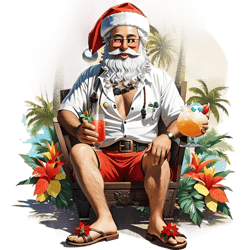 Happy SANTA sits under a palm tree on a tropical island with a cocktail and parrots, round t-shirt design in 60s style.