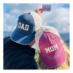 mom and dad hats, pregnancy announcement hat, gender reveal hats, pigment dyed baseball caps, unisex hats, vintage style