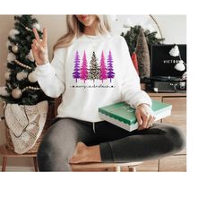 Christmas Shirt,Leopard Print Christmas Shirt, Merry Christmas Pink Christmas Trees Shirt, Holiday Shirt, Cute Christmas