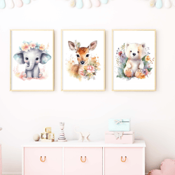 Watercolor Baby Animals Nursery Printable Wall Art Set of 3 Cute polar bear, Cute elephant, Cute deer