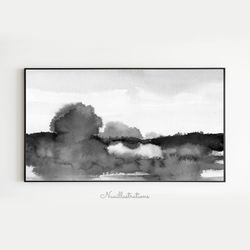 Samsung Frame TV Art Black and White Country Landscape Watercolor, Neutral Minimalist Downloadable, Digital Download Art