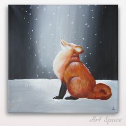 Original painting on stretched canvas Enjoying the snow, Fox, home wall, office, decoration for office, playroom, home